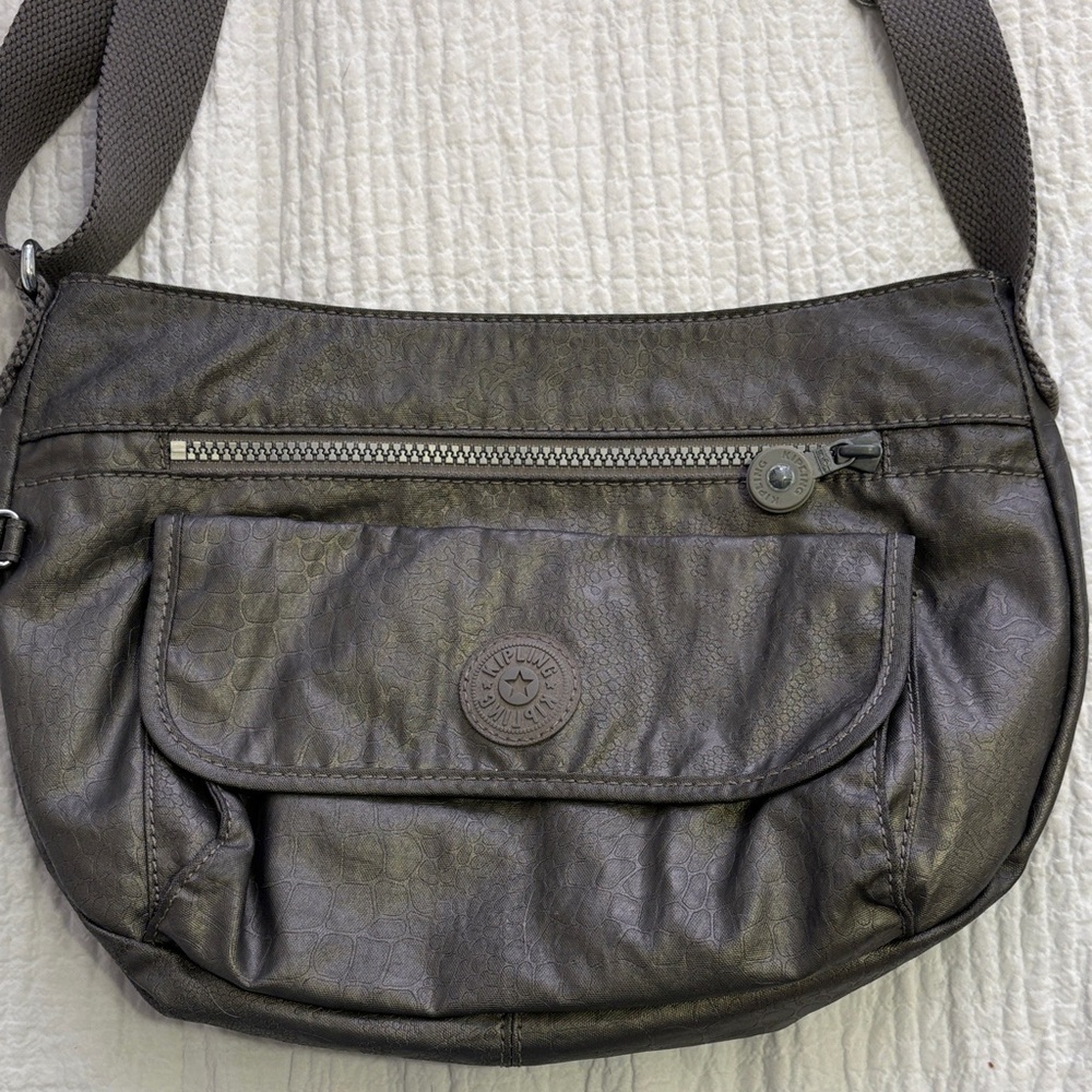 Kipling Metallic Grey SYRO Nylon Crossbody Bag.